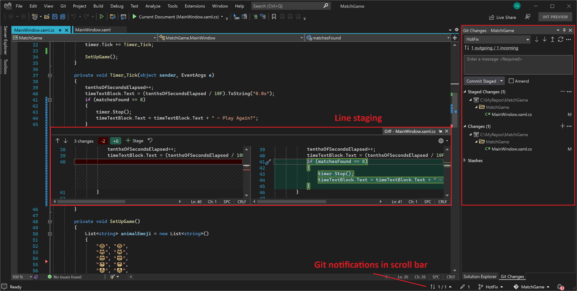 Visual Studio 2022 中 Git 行暂存支持示例的屏幕截图。