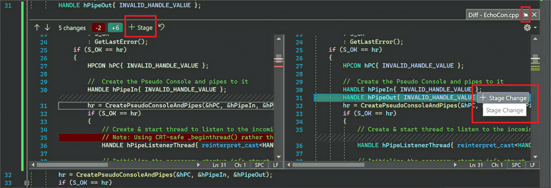 Visual Studio 2022 中“阶段更改”选项的屏幕截图。