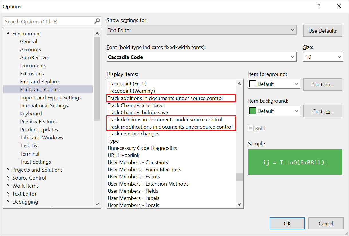 “选项”对话框的屏幕截图，你可以在其中更改 Visual Studio 用于源代码管理的颜色。