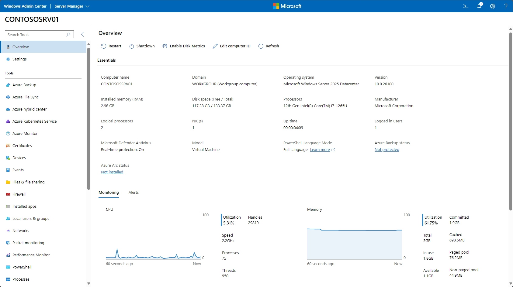 A screenshot showing the Windows Admin Center management dashboard.