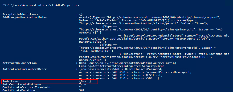 PowerShell 窗口的屏幕截图，其中显示了 Get-AdfsProperties cmdlet 的结果，其中已调用“审核级别”属性。