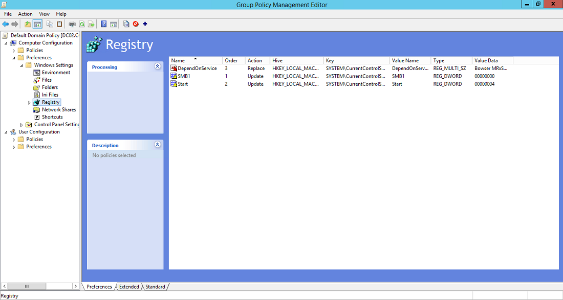 组策略管理编辑器注册表的屏幕截图。三个项目可见：DependOnService、SMB1 和 Start。