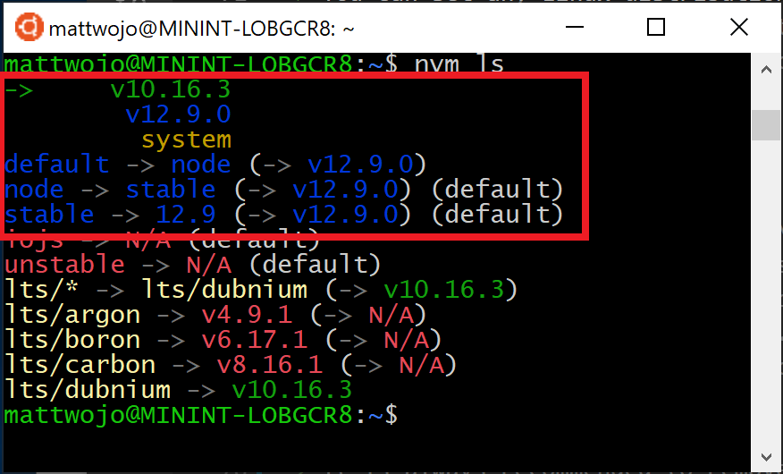 NVM 列表，其中显示了 LTS 和当前 Node.js 版本