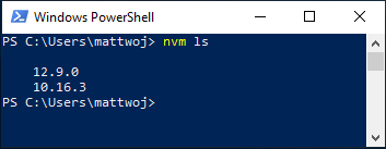 NVM 列表，显示已安装的 Node.js 版本