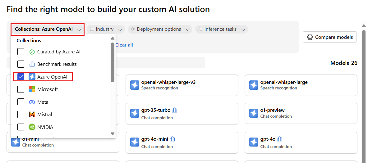 顯示如何在目錄中依 Azure OpenAI 模型進行篩選的螢幕擷取畫面。