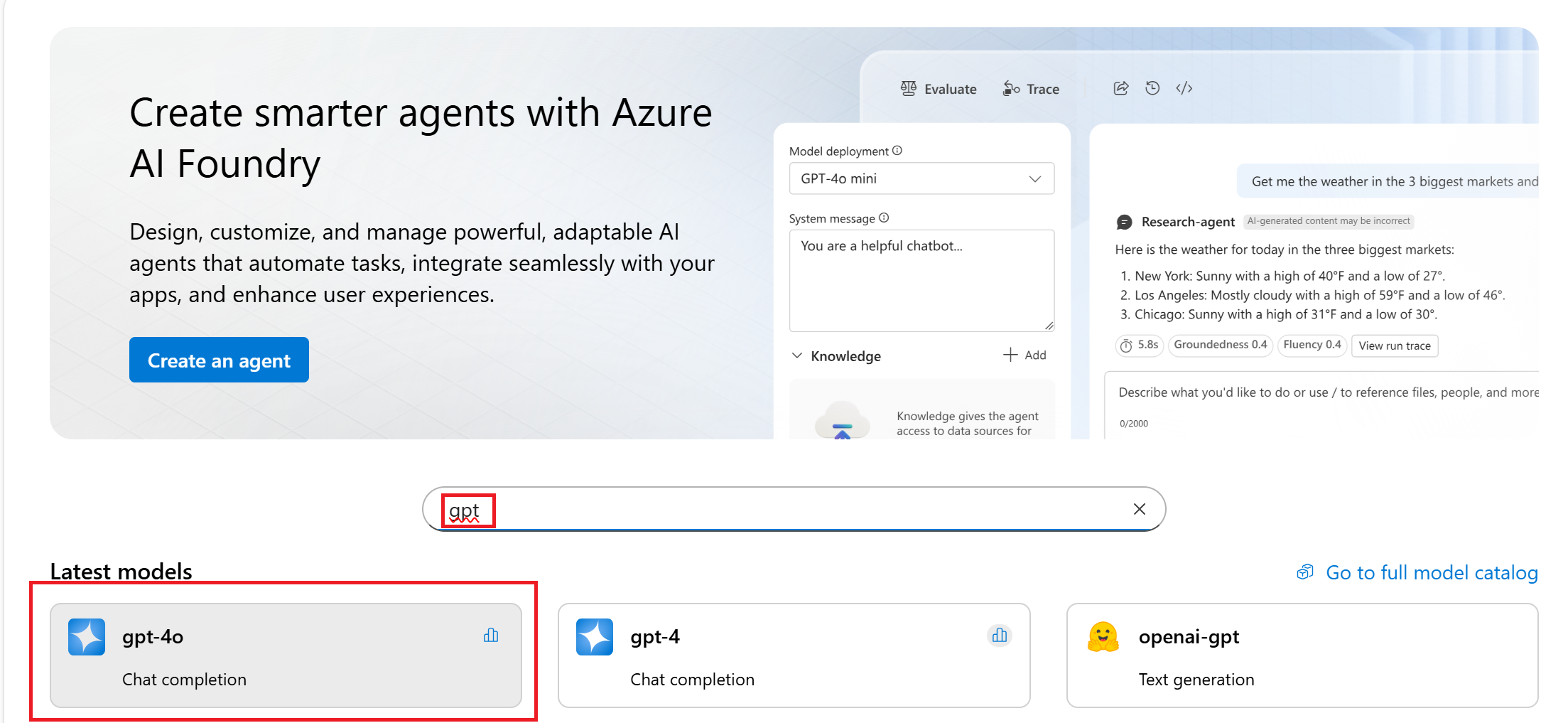此螢幕快照顯示如何在 Azure AI Foundry 入口網站中開始建置代理程式。