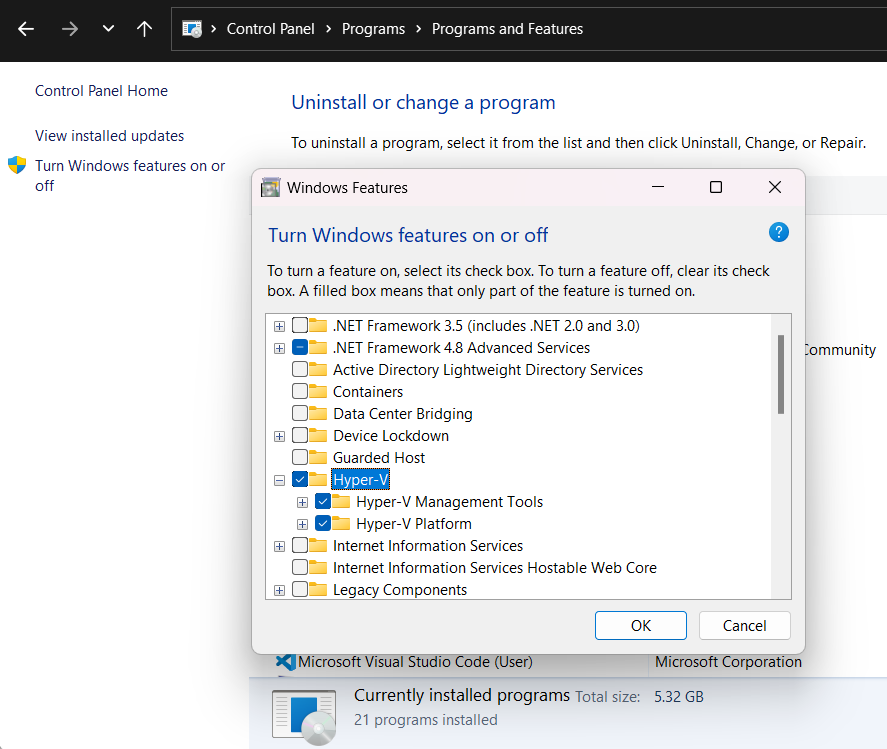 Windows 程式和功能對話框